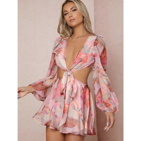 WILA Pants - boho Lantern Sleeve Knot Cutout Waist Chiffon Romper